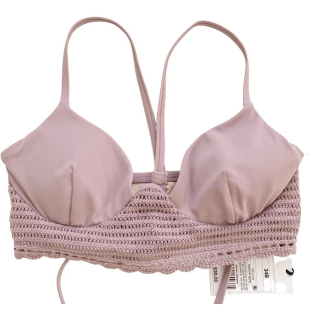 Shade & Shore Bikini Swimsuit Top Lavender Crochet Detail Tie Back Size 34B NEW